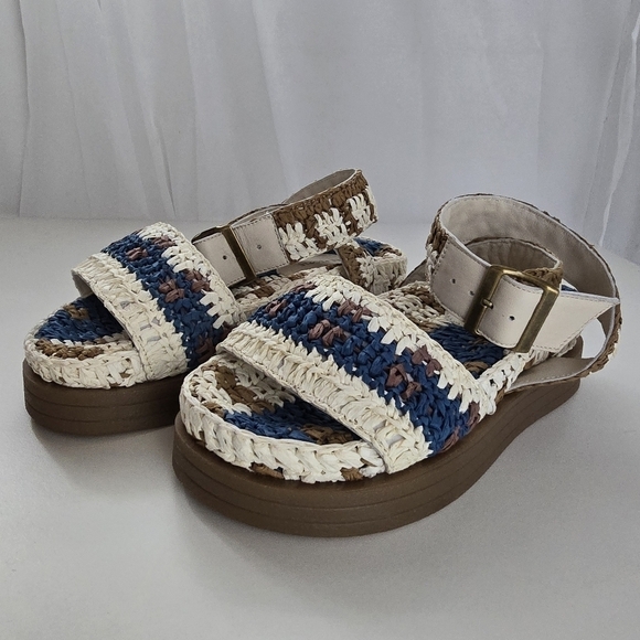 NIB Free People Boho Roma Raffia Sandals Platform Blue Cream Size 6 - Picture 5 of 16